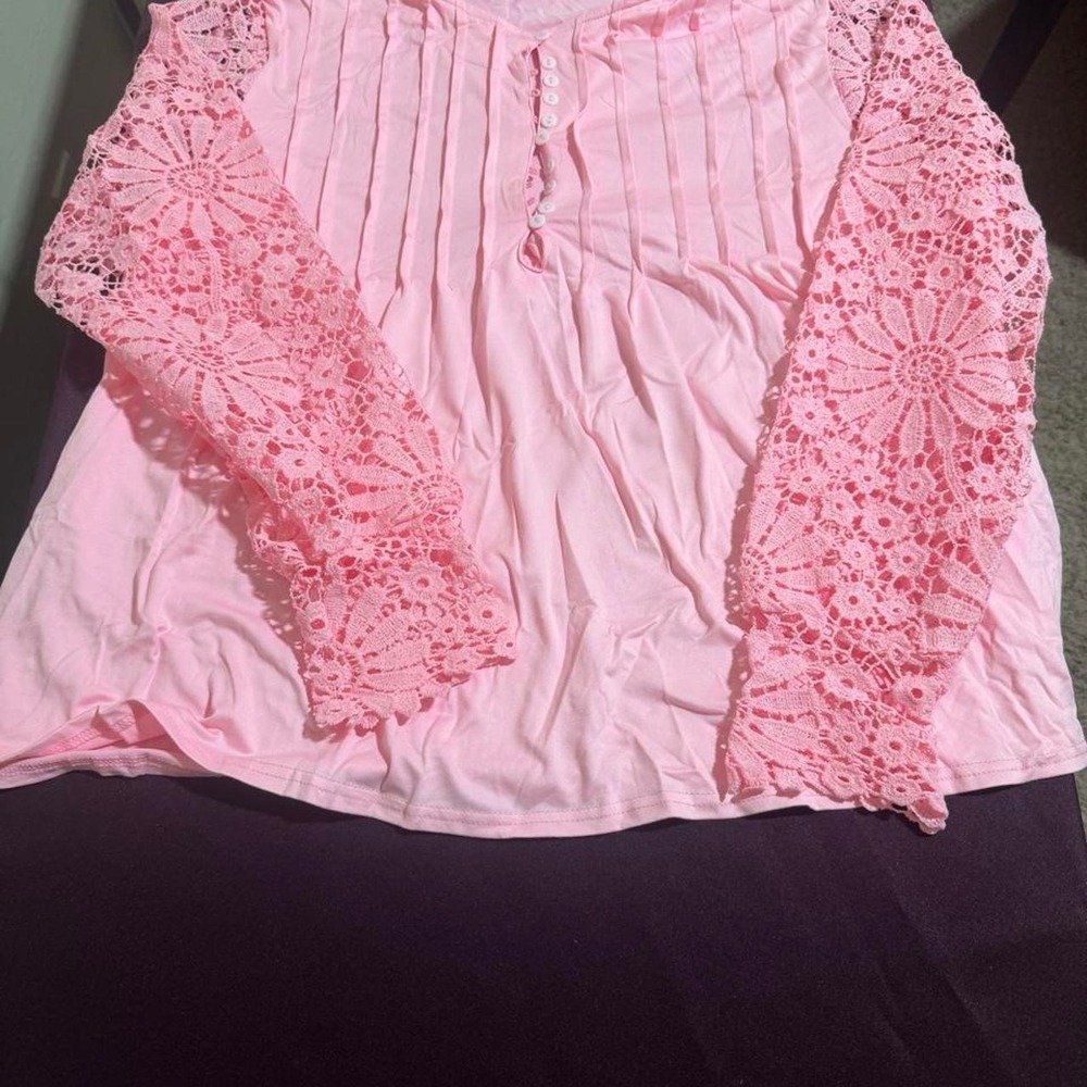 Temu Pink Lace Floral Embroidered Sleeve Pintuck Blouse 3X NEW